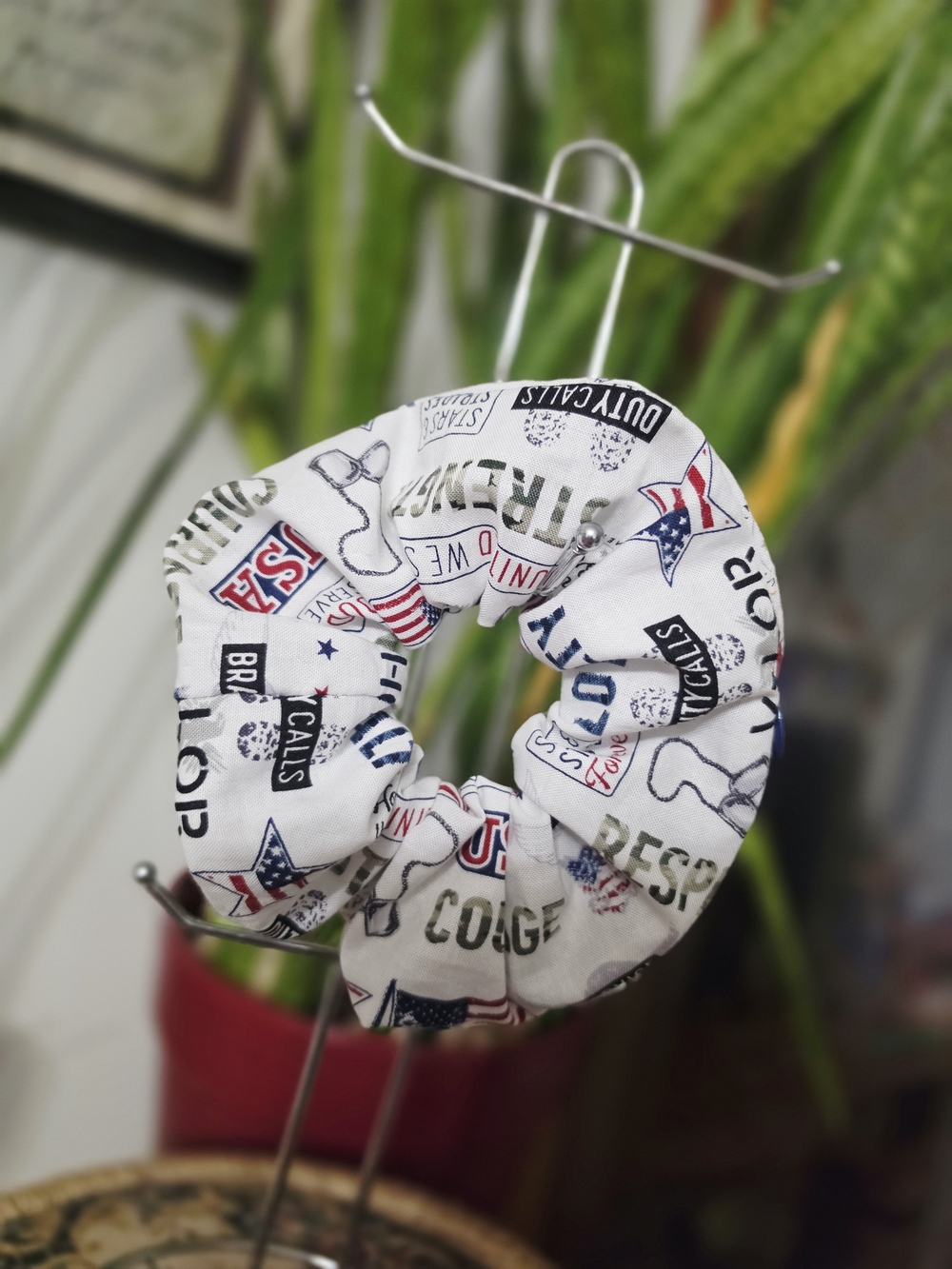Patriotic White Printed Hair Scrunchie W/ Zipper! Handmade.